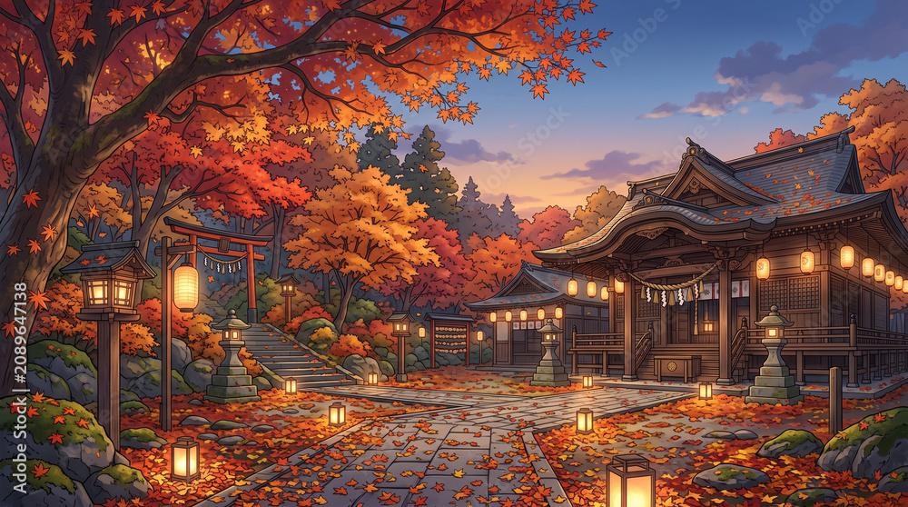 Fototapeta premium 紅葉に包まれた神社へ続く石畳の参道 秋祭りの和風背景