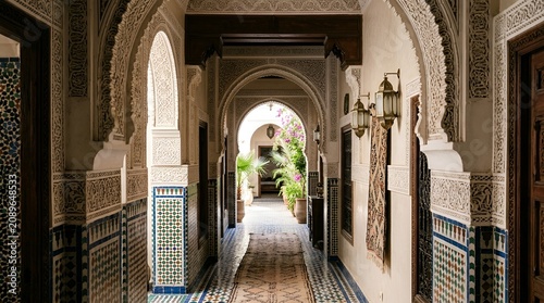 Moroccan hallway with intricate tilework and arched passageway