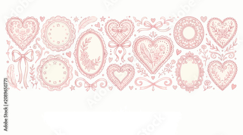 Elegant vintage-style hand-drawn illustrations featuring hearts, ornate frames, delicate ribbons, and floral elements in soft pink hues, creating a romantic and charming design.