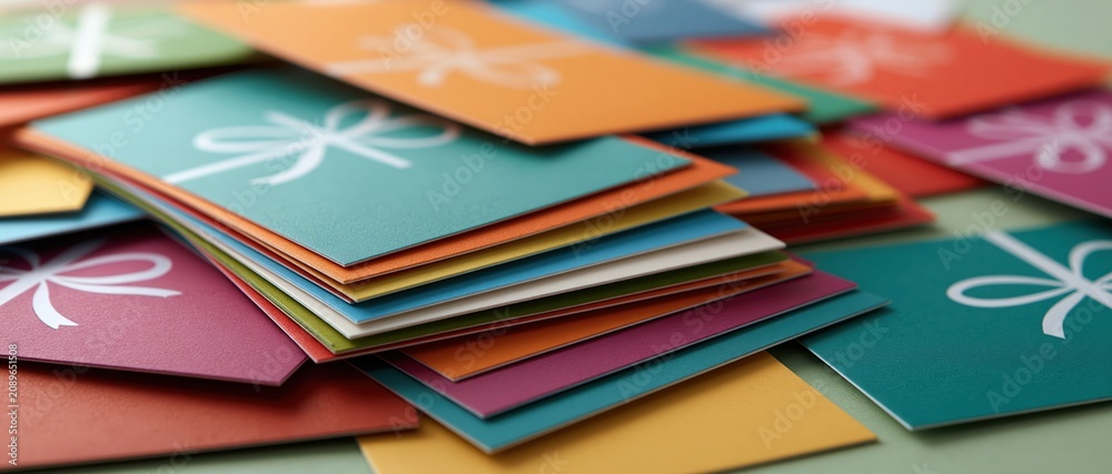 Fototapeta premium Vibrant stack of multicolored gift voucher cards with elegant white bow motifs perfect for retail promotions, holiday campaigns, loyalty programs, and celebration marketing concepts.