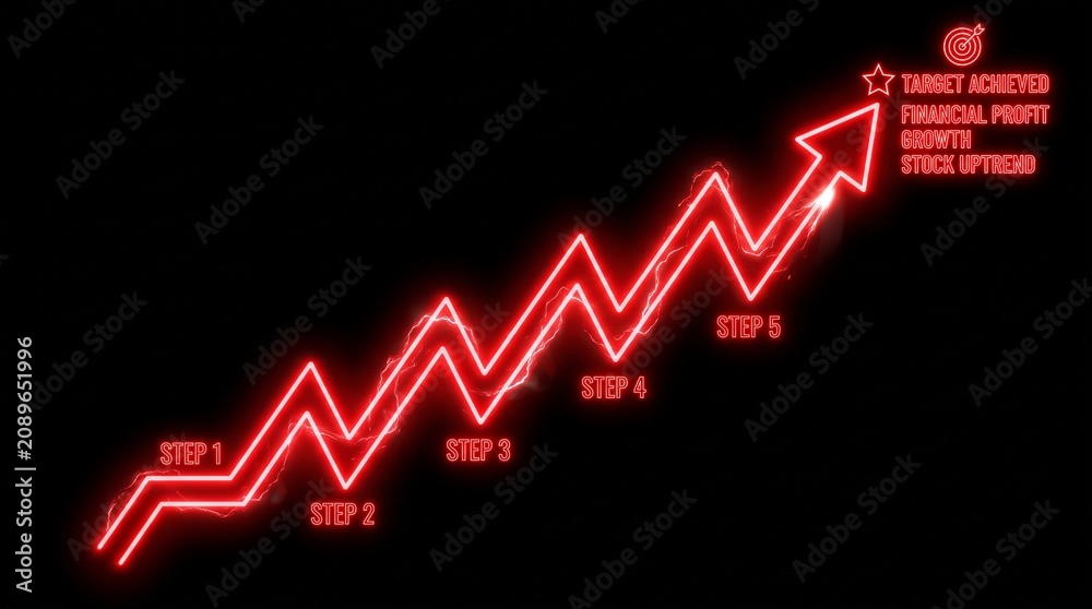 Naklejka premium A glowing red upward arrow chart with labeled stages STARTUP, MARKET ENTRY, PROFITABLE DEAL, REVENUE GROWTH, FINANCIAL SUCCESS ending at dollar target symbol.