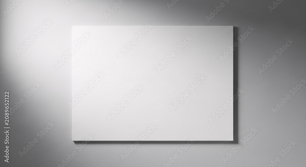 Fototapeta premium Minimalist blank white rectangular canvas mounted on smooth gray wall for modern interior design or art display with clean aesthetic and versatile use