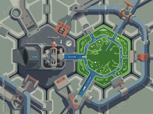 Schilderij op canvas stylized diagram illustrates a building-looping bioreactor capturing CO2 and con
