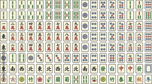 Traditional Chinese Mahjong Tiles Full Vector Set with Characters Bamboo Dots Winds Dragons and Flowers for Table Board Game Design