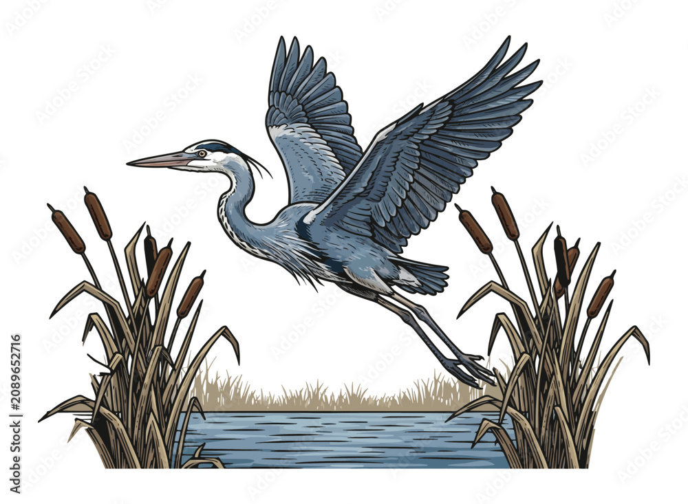 Fototapeta premium Great Blue Heron Flying Over Marsh Vector Illustration