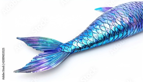 Iridescent blue and purple mermaid tail on white background.