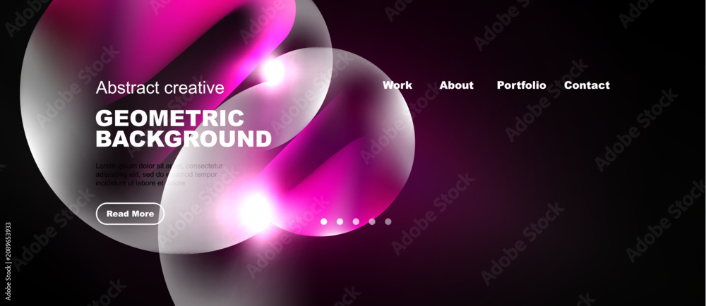 Naklejka premium Abstract website design features vibrant pink geometric shapes over dark background. Navigation includes work, about, portfolio, contact options.