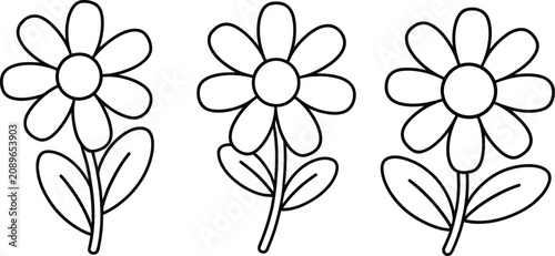 Bild auf Leinwand Summer floral daisy outline vector set with simple hand drawn blooming flower heads and leaves for coloring book graphic design icons
