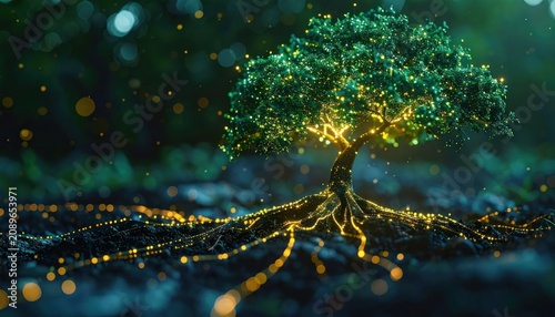 Magical tree trunk with glowing golden root system.
