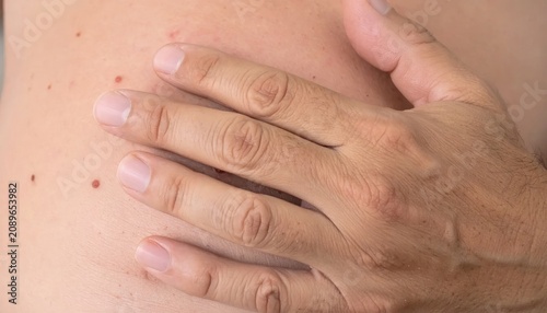 Man examining skin moles on back with hand.