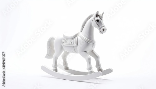 Minimalist white rocking horse on white background.