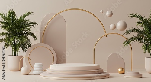 Minimalist interior design with plants and arches.