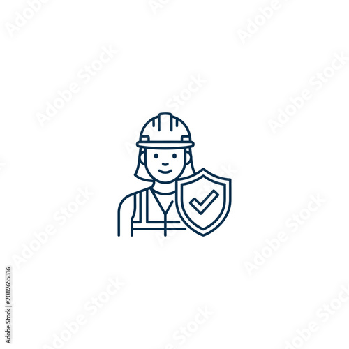 A female worker wearing protective gear holds a shield with a checkmark.