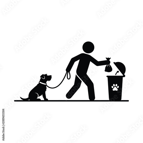 Person throwing dog waste into a trash can with a dog on a leash nearby.