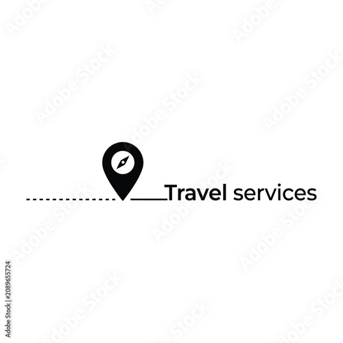 A travel services logo features a location pin with a clock on a dotted line.