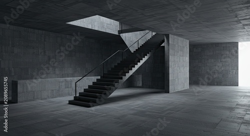 Modern dark gray concrete staircase interior.