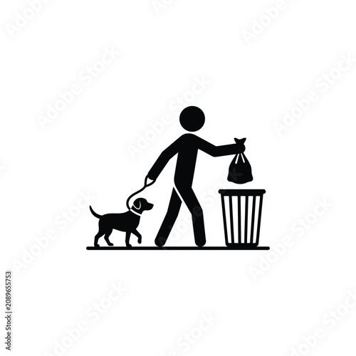Person throwing dog waste into trash can on sidewalk with pet