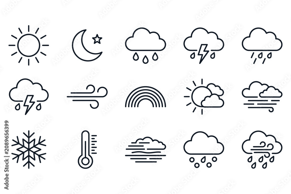 Naklejka premium Minimalist weather forecast outline icons set