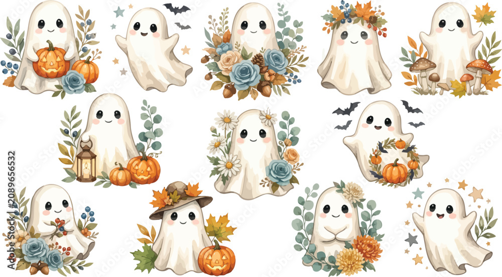 Naklejka premium Set of cute watercolor ghosts with pumpkins and autumn flowers isolated on white background perfect for halloween cards and seasonal holiday scrapbooking projects