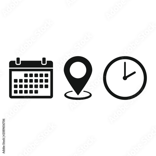 A graphic illustration shows a calendar, location pin, and clock icons.