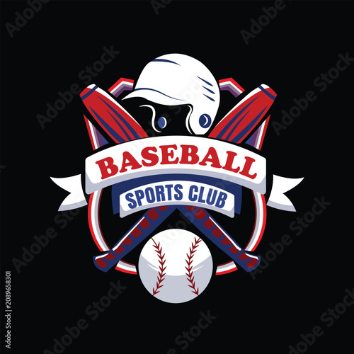 Baseball Sports Club Logo With Crossed Bats Ball And Helmet Vector Emblem Modern Athletic Badge Design For Team Branding And T Shirt Print