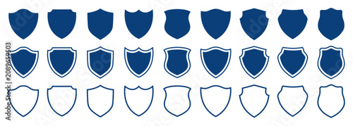 Collection of dark blue shield in various shapes with solid and outline styles on transparent background