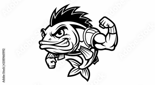 A black and white illustration of a muscular fish mascot character