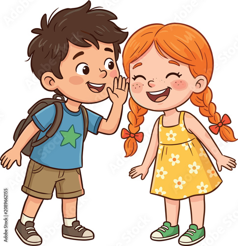 Quadro su tela Cute cartoon boy whispering a secret to a laughing red-haired girl vector illust