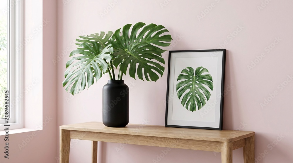 Fototapeta premium Elegant minimalist console table featuring fresh cut Monstera deliciosa leaves in a sleek matte black ceramic vase near framed botanic art.
