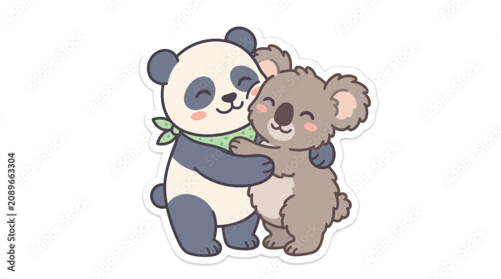 Naklejka premium Adorable Giant Panda and Little Koala Embracing Each Other Friendship Illustration
