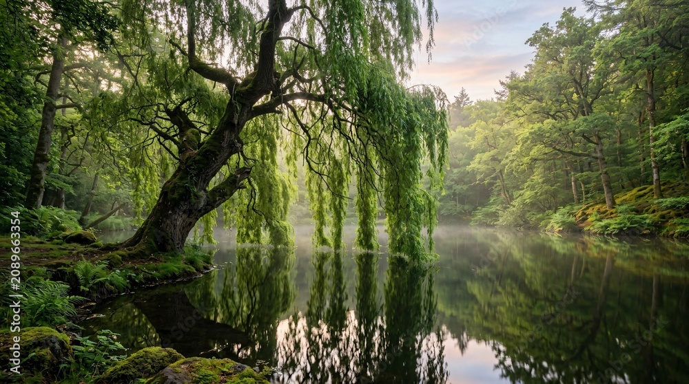 Fototapeta premium Enchanting ancient weeping willow tree with lush vibrant green drooping branches partially submerged in a perfectly still mirrored lake view.