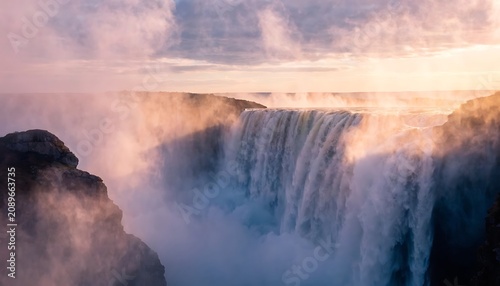 Large waterfall flowing over rocks at sunset illustration