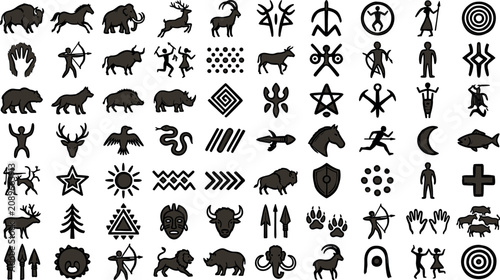 Foto Prehistoric cave paintings and ancient stone age tribal art icon set featuring p