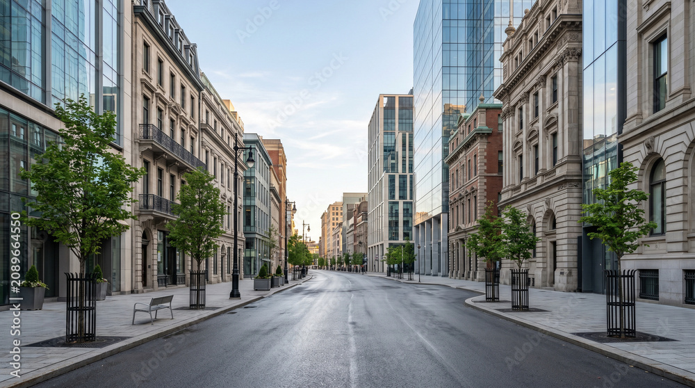 Obraz premium Empty modern city street with mixed architectural styles and urban trees