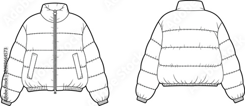 Obraz na plátně Technical flat sketch of padded puffer jacket with full zip, ribbed hem and cuff