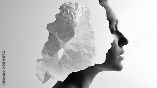Prompt: A poetic fine art double exposure photograph of mental clarity. A crisp silhouette profile of a head is filled with a dreamscape of a single sheet of raw, white unwritten textured paper 
