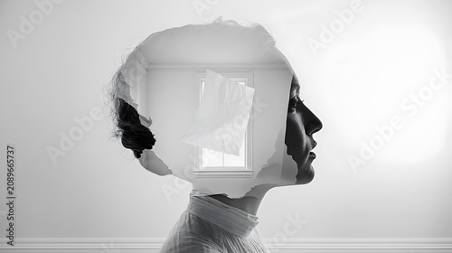 Prompt: A poetic fine art double exposure photograph of mental clarity. A crisp silhouette profile of a head is filled with a dreamscape of a single sheet of raw, white unwritten textured paper 