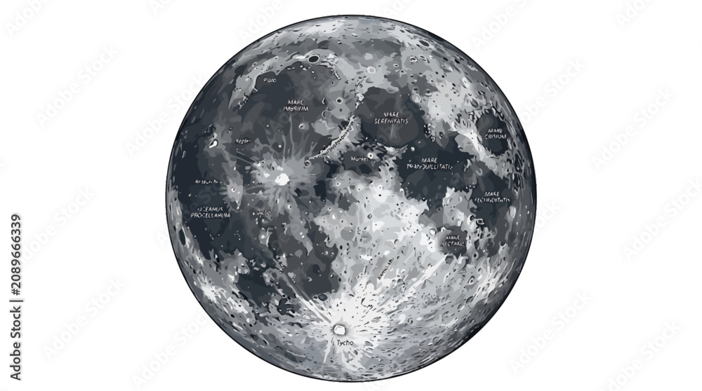 Naklejka premium Lunar map with labeled craters and plains on the moon