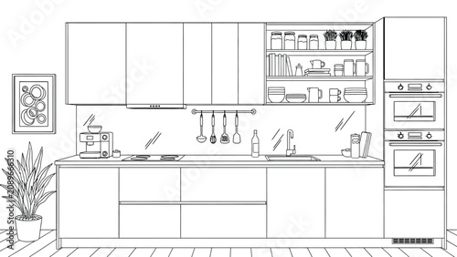 Tableau sur toile Modern minimalistic kitchen interior design line art illustration featuring various cooking utensils and appliances on sleek countertops and shelves