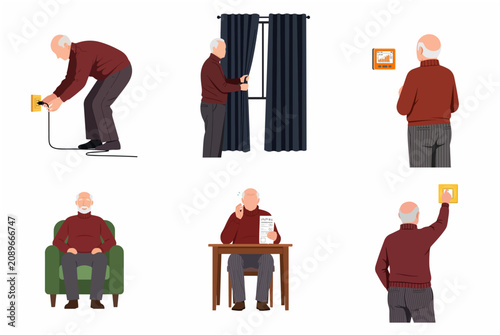 Fotografi Elderly Man Saving Energy and Managing Household Utility Costs Illustration Set
