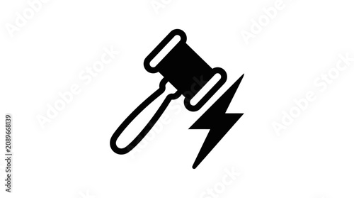 A gavel strikes down with a lightning bolt in a courtroom setting.