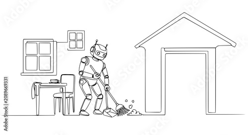 Foto Robot cleaning house with broom, futuristic home automation concept, line art il