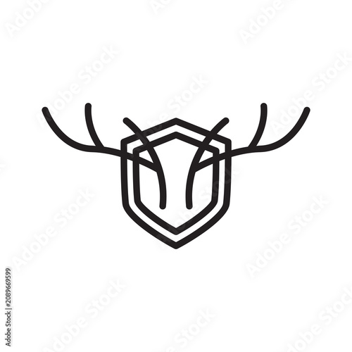Bild auf Leinwand Deer head trophy with antlers on shield line icon, hunting and taxidermy concept