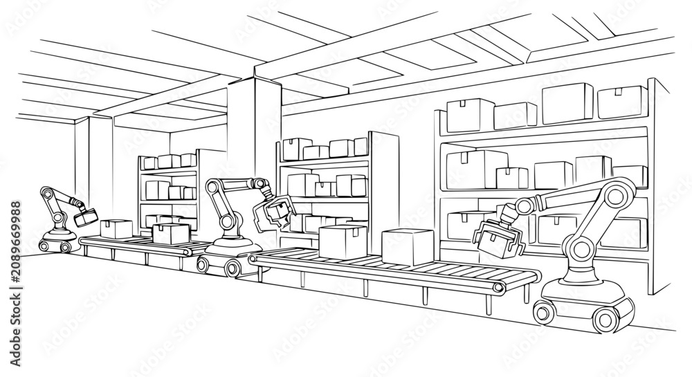 Fototapeta premium Robotic arms in a warehouse sorting packages on conveyor belts, illustrating automation and logistics.