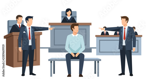 Courtroom accusation: lawyers pointing fingers at defendant, judge presides