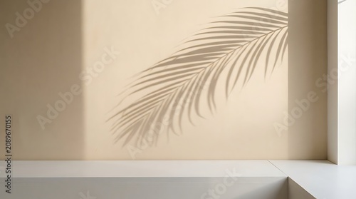 Close up of fresh green palm leaf frond casting soft shadow on neutral background