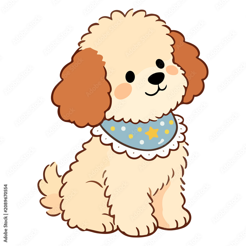 Obraz premium Cute cartoon poodle puppy dog wearing blue bandana illustration isolated on white background