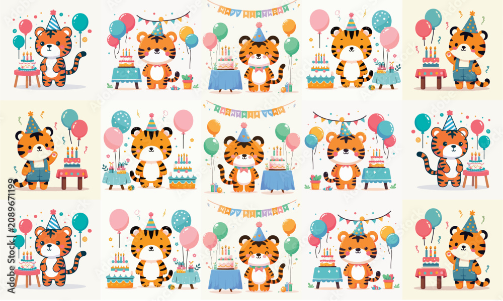 Fototapeta premium Set Of 15 Cute Cartoon Tiger Birthday Party Vector Illustrations, Kawaii Jungle Animal With Cake Balloons And Party Hats For Kids
