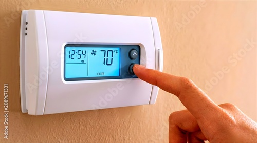 Close-up of a hand adjusting a modern digital thermostat with a glowing blue screen showing 70°F and a filter alert on a beige wall, representing home temperature and HVAC maintenance.