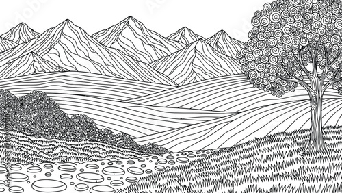 Black and white line art coloring page for adults featuring scenic mountain landscape with stylized swirling tree and grassy field for relaxing creative activity.